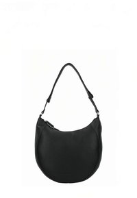 Borsa a spalla in pelle nera con design curvo, tracolla regolabile e texture liscia. Presenta dettagli minimalisti e una finitura morbida.