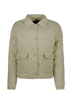 Lichtbeige, gequiltte jas met een kraaghals, voorknopsluiting en twee opgestikte zakken. Elastische manchetten en een gladde textuur.