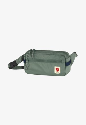 Borsa in tessuto verde a vita con due scomparti con zip, tracolla regolabile e un patch logo rosso. Texture liscia, forma rettangolare e materiale resistente.