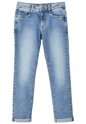 Lyseblå denimjeans med lige pasform, der har forlommer, knapgylp og opviklede manchetter ved anklerne.
