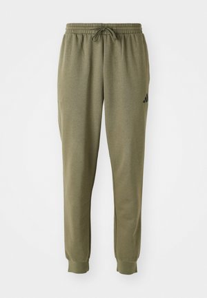 Olive green sweatpants made of soft fabric, featuring an elastic waistband with drawstring and tapered cuffs. Black logo accents on the side.