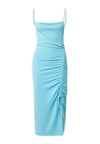 Helles blaues Midikleid aus glattem Stoff, mit verstellbaren Spaghettiträgern, gerafften Seitendetails und einer Bindegarnitur am Saum.