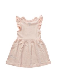 Różowa sukienka z krótkim rękawem z falbankami, posiadająca rozkloszowaną spódnicę oraz wzory w białe płatki śniegu i gwiazdy. Wykonana z miękkiego materiału bawełnianego.