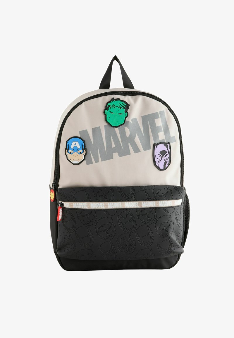 Grey and black Marvel-themed backpack with character patches, zippered compartments, and embossed superhero faces on the lower section.