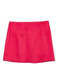 Mini gonna rosa brillantinata in tessuto liscio con taglio dritto, caratterizzata da due plissettature frontali e orlo pulito. Senza tasche né decorazioni.