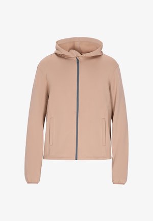 Felpa zip con cappuccio color beige chiaro, realizzata in tessuto morbido, con una cerniera grigia e due tasche laterali. Maniche lunghe e cappuccio regolabile con cordino.
