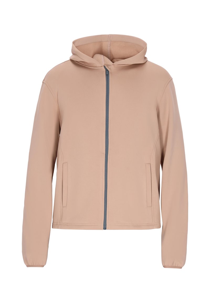 Lys beige zip-up hoodie lavet af blødt stof, med en grå lynlås og to sidelommer. Lange ærmer og hætte med snoretræk.