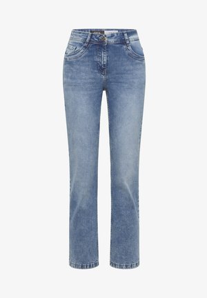 Jeans in denim azzurro chiaro con design a gamba dritta, dotati di due tasche frontali e chiusura a bottone. Dettagli di cucitura classici in tutto il capo.