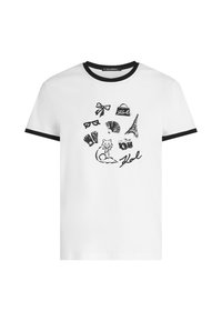 Camiseta de algodão branca com colarinho e mangas ribadas pretas; apresenta vários desenhos pretos, incluindo um gato, a Torre Eiffel e óculos de sol.
