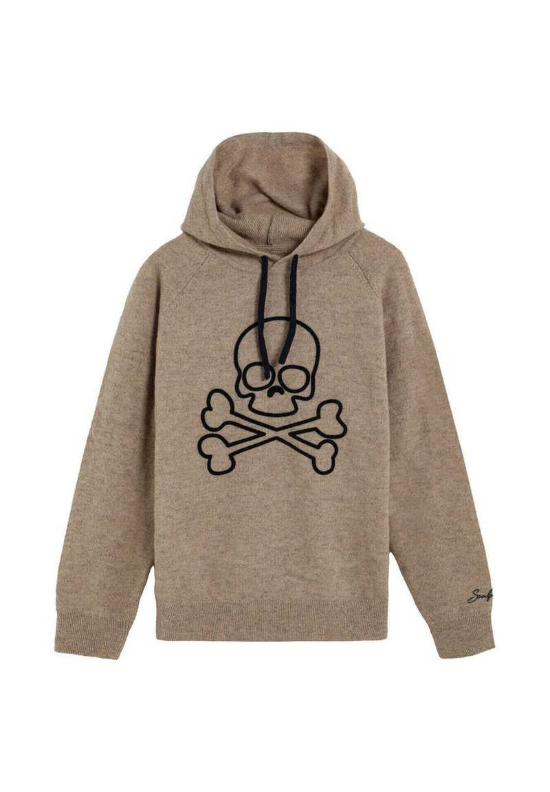 Sudadera beige con un gráfico de calavera y huesos cruzados en negro, capucha con cordones y puños y dobladillo acanalados. Tejido suave y texturizado.