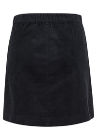 Zwarte corduroyen rok met een gestructureerd oppervlak, voorzien van een brede elastische tailleband en een uitlopende vorm. Eindigt boven de knie.