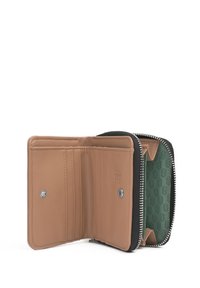 Brown leather wallet with a zip closure, featuring multiple card slots and a green patterned interior. Textured exterior and silver hardware.