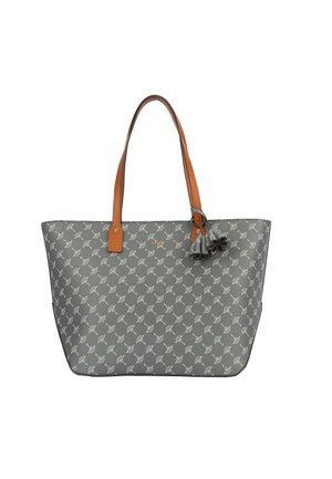 Borsa a tracolla grigia con un motivo floreale, manici in pelle beige, un pon-pon decorativo e un dettaglio del logo dorato sul davanti.