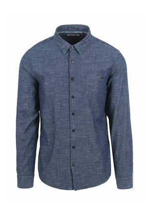 Langärmliges blaues Denimhemd mit Kragen, Brusttasche auf der linken Seite und schwarzen Knöpfen in der Mitte.