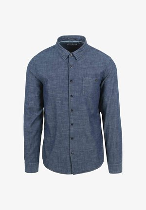 Langärmliges blaues Denimhemd mit Kragen, Brusttasche auf der linken Seite und schwarzen Knöpfen in der Mitte.