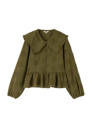 Blouse à manches longues vert olive avec grand col à volants, broderie florale, boutonnage sur le devant et ourlet à volants.