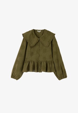 Blouse à manches longues vert olive avec grand col à volants, broderie florale, boutonnage sur le devant et ourlet à volants.