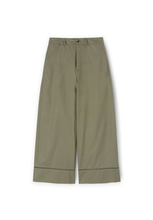 Pantalon taille haute vert olive à jambes larges avec passants pour ceinture, fermeture par boutons devant, poches latérales et surpiqûres décoratives à l’ourlet.