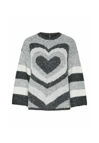Pullover grigio e bianco lavorato a maglia con motivi a cuore e a zigzag. Presenta una vestibilità ampia e maniche larghe. Tessuto morbido con un aspetto accogliente.
