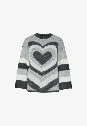 Sivino in belo pleteni pulover z vzorci srca in črtic. Ima ohlapen kroj in široke rokave. Mehka tekstura z udobnim videzom.
