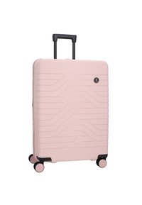 Valigia rigida rosa con un design ondulato testurizzato, manico nero e quattro ruote nere per la mobilità. Presenta un logo sulla parte anteriore.