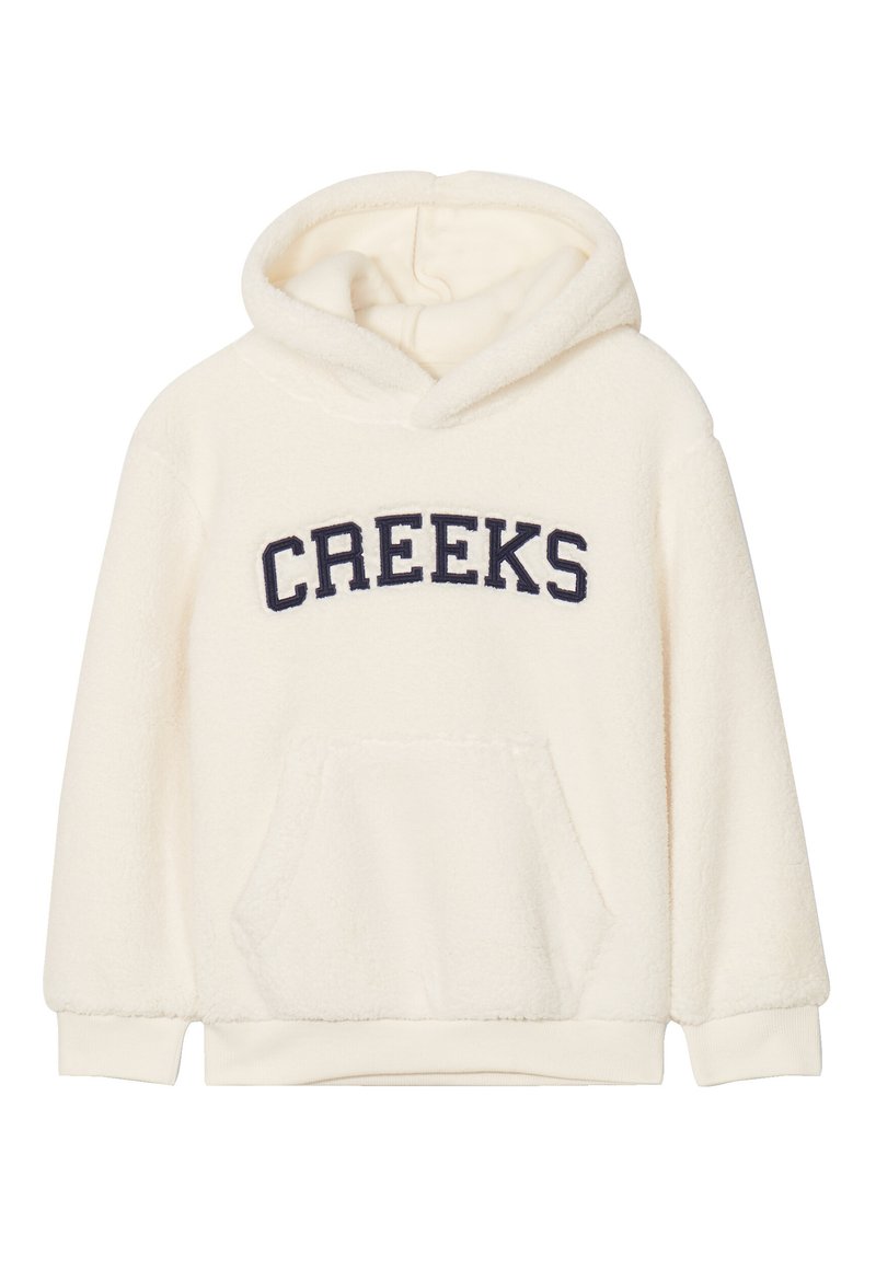Felpa con cappuccio in crema con tasca a marsupio, caratterizzata da un ricamo blu scuro "CREEKS" sul petto. Texture morbida, vestibilità rilassata.