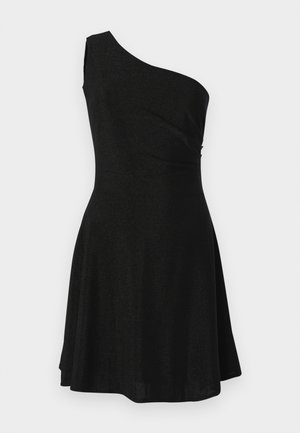 Black one-shoulder dress made of lightweight, smooth fabric; fitted bodice leads to a flared skirt, featuring soft draping details.