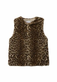 Leopardenmuster-Faux-Fur-Weste mit hohem Kragen und ohne Ärmel. Weiche Textur, verfügt über einen Frontverschluss und hat neutrale Beige- und Brauntöne.