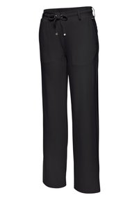 Black, lightweight, wide-leg pants with a drawstring waist, silver accents, and side pockets. Smooth texture with a sleek finish.