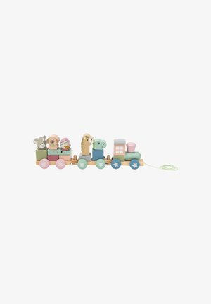 Wooden train toy featuring pastel-colored blocks and animal figures. Comprises a varied design with stars on wheels and a pull string.