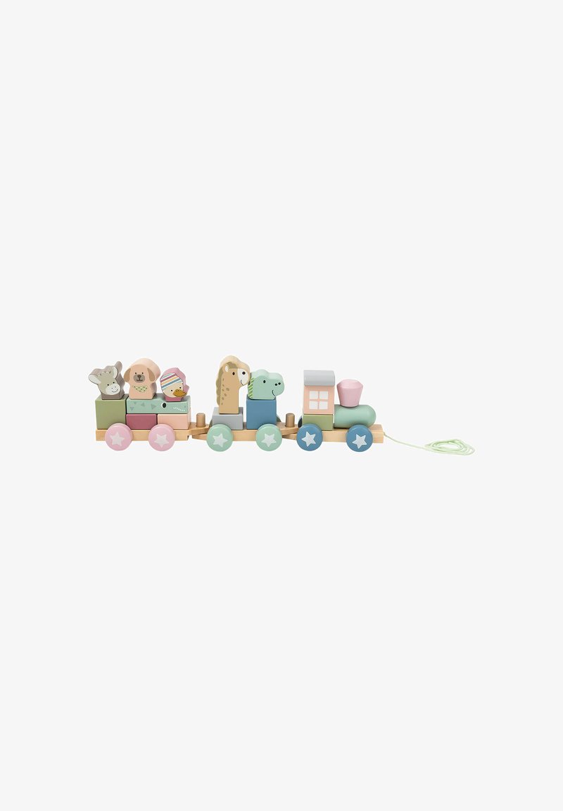 Wooden train toy featuring pastel-colored blocks and animal figures. Comprises a varied design with stars on wheels and a pull string.