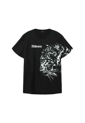 Maglietta nera in cotone con una grande grafica di un leopardo bianco e la scritta "AllSaints" in carattere grassetto sulla parte frontale. Maniche corte.