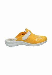 Felt slip-on shoe in bright yellow with white floral embroidery, featuring a white strap and a cushioned white sole. Side view.
