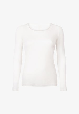 Witte langärmelige aangesloten crewneckshirt met een gladde textuur en zonder zichtbare patronen of logo's.