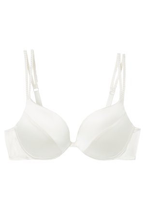 Witte beha met gladde, geplooide cups, verstelbare banden en een kanten rand. Voorzien van een haak-en-oog sluiting aan de achterkant voor een veilige pasvorm.