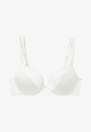 Soutien-gorge blanc avec des bonnets lisses et rembourrés, des bretelles réglables et une dentelle en finition. Il dispose d'une fermeture crochet et œilleton au dos pour un maintien sécurisé.