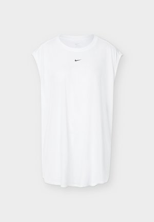 Valkoinen hihaton Nike-urheilupaita, jossa on pyöreä kaula-aukko ja musta Nike Swoosh -logo kaula-aukon alapuolella yksinkertaisella taustalla.