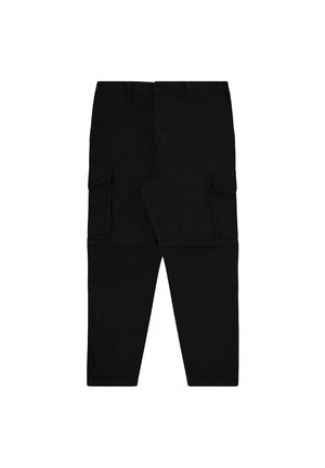 Pantaloni cargo neri con due tasche laterali, design a gamba dritta e vita classica. Realizzati in tessuto resistente con una trama liscia.