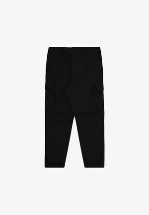 Pantaloni cargo neri con due tasche laterali, design a gamba dritta e vita classica. Realizzati in tessuto resistente con una trama liscia.
