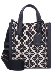 Borsa strutturata con un motivo floreale nero e crema, realizzata in tessuto intrecciato con accenti in pelle. Presenta manici doppi e una tracolla rimovibile.