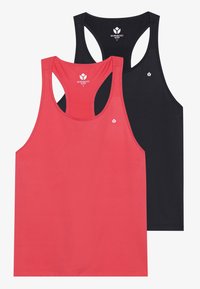 Kaks tank topi: üks erksas korallis ja teine solide must. Mõlemal on selja taga racing design ja väike logo rinna piirkonnas.