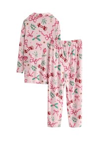 Pinke Pyjamahose mit langen Ärmeln, die ein festliches Muster aus Schleifen, Stechpalmen, Sternen und Ornamenten aus weichem Stoff zeigt. Elastischer Bund an den Hosen.