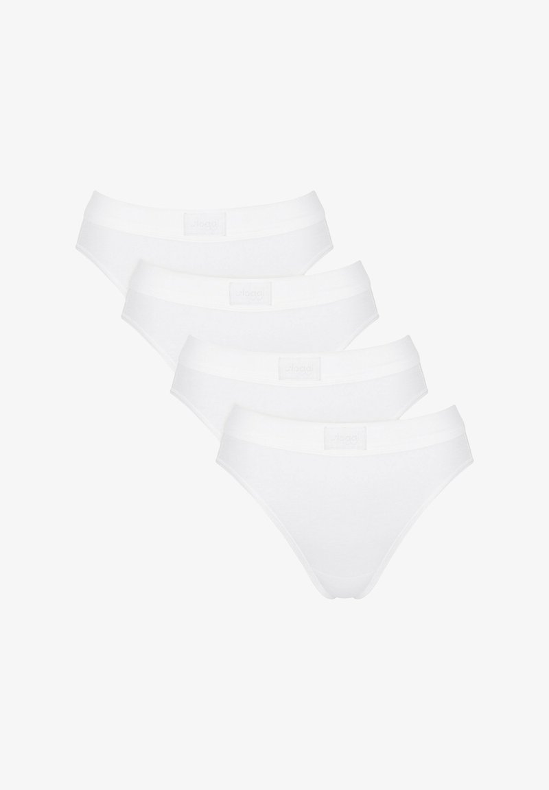 Braguitas de algodón blanco en un lote de cuatro, con una textura suave y cintura elástica con una etiqueta de logo en la parte frontal.