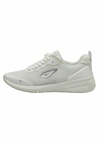 White athletic shoe with a smooth synthetic upper, a textured sole, lace-up design, and a silver logo detail on the side.
