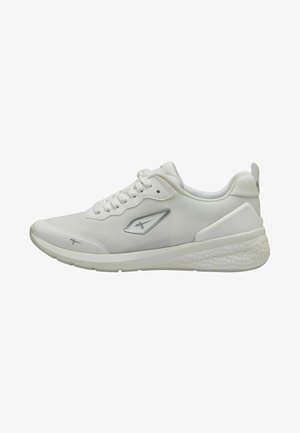 White athletic shoe with a smooth synthetic upper, a textured sole, lace-up design, and a silver logo detail on the side.