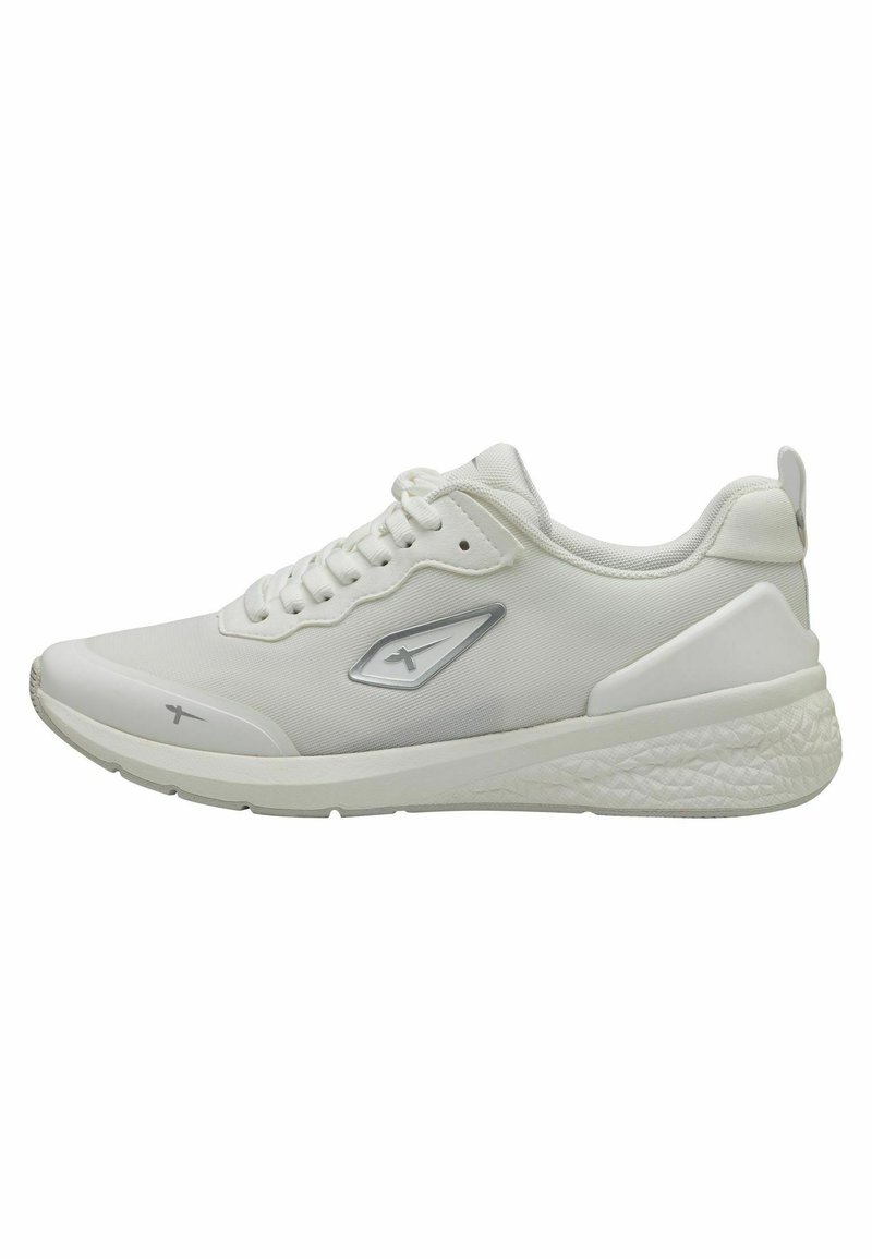 White athletic shoe with a smooth synthetic upper, a textured sole, lace-up design, and a silver logo detail on the side.