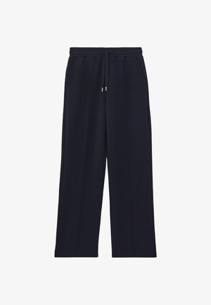 Marineblå bredbenede bukser lavet af blødt stof, med en justerbar talje, to sidelommer og en glat tekstur med minimal detaljer.