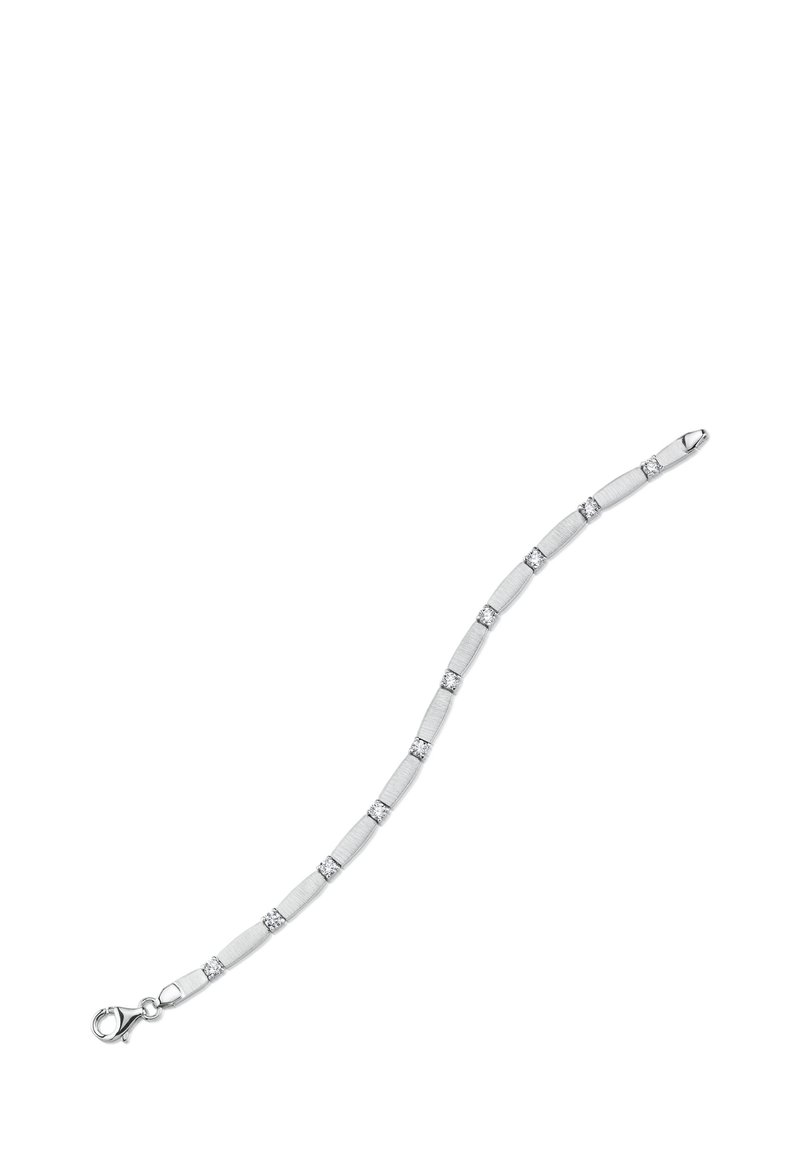 Bracelet en argent avec des maillons alternant entre lisses et texturés, ornés de petites pierres décoratives, fermé par un fermoir à mousqueton.