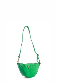 Grüne Tasche mit geschwungener Form, aus Wildleder und glattem Leder, ausgestattet mit einem goldenen Reißverschluss und verstellbarem Tragegurt.