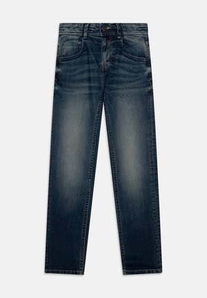 Dunkelblaue Jeans aus Denim mit ausgewaschenem Look, gerade geschnittener Beinverlauf, fünf Taschen und Knopfleiste. Kontrastnähte und Markendetails sichtbar.